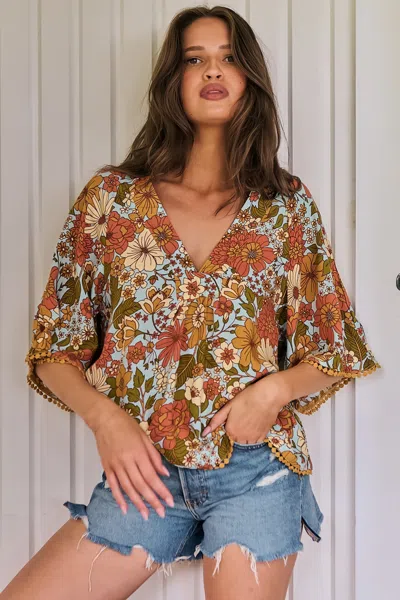 Jaase - Gabriella Top: Mandarin Collar Deep V Neck Crochet Trim Top In Mimosa Print