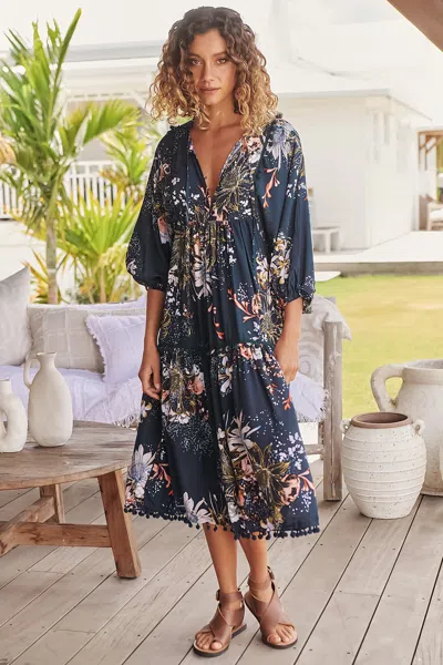Jaase - Palace Midi Dress: Pom Pom Spliced Batwing Sleeve Dress With Neck Tie In Indigo Print