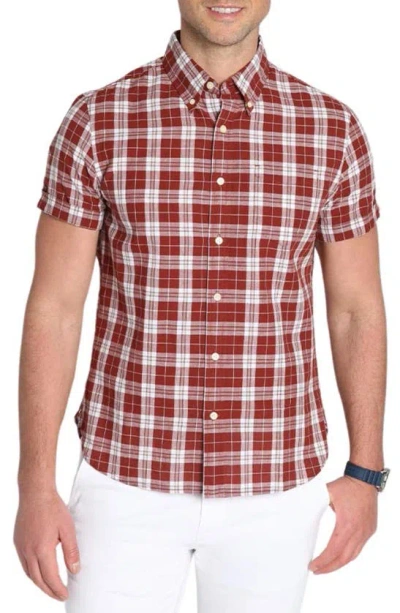 Jachs Madras Plaid Short Sleeve Cotton Button-down Shirt In Burgundy Plaid Madras