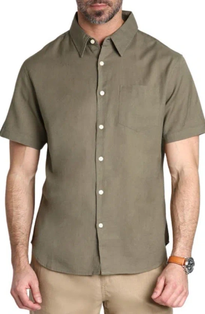 Jachs Solid Short Sleeve Cotton & Linen Button-up Shirt In Army