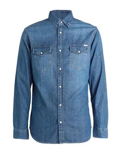 Jack & Jones Man Denim Shirt Blue Size L Cotton