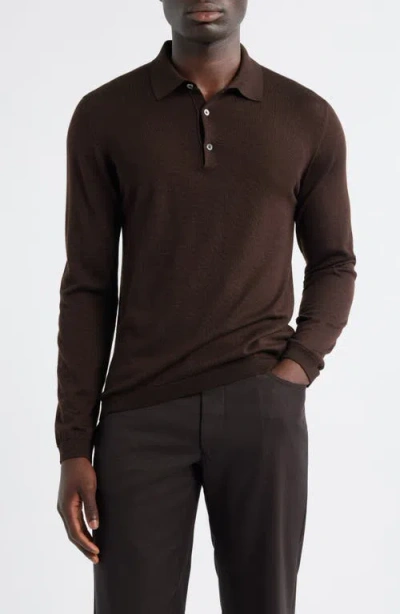 Jack Victor Long Sleeve Wool & Silk Polo Sweater In Brown