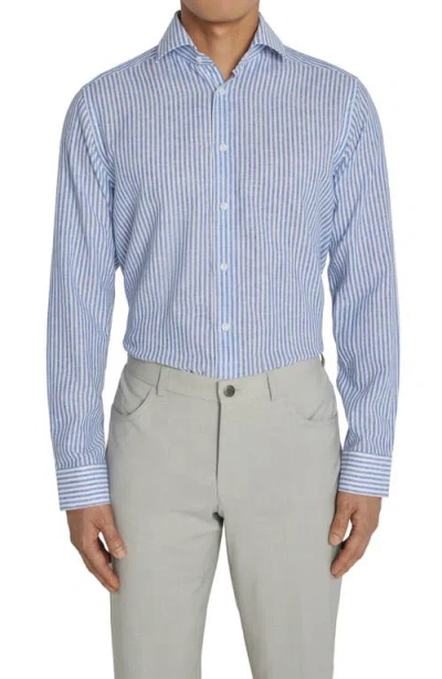 Jack Victor Thornhill Contemporary Fit Stripe Linen & Cotton Button-up Shirt In Blue