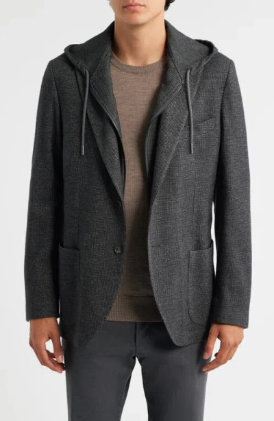 Jack Victor Wolsey Charcoal Grey Microcheck Knit Sport Coat With Removable Hooded Bib In Gray