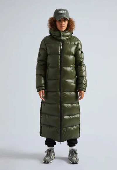 Jack1t High Collar Maxi Puffer Coat In Olive