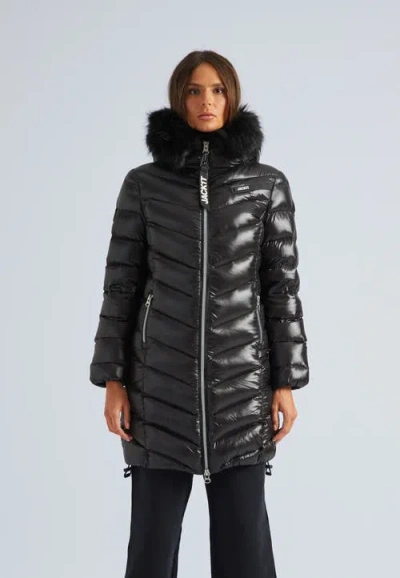 Jack1t Longline Hooded Down Coat In Black Shine