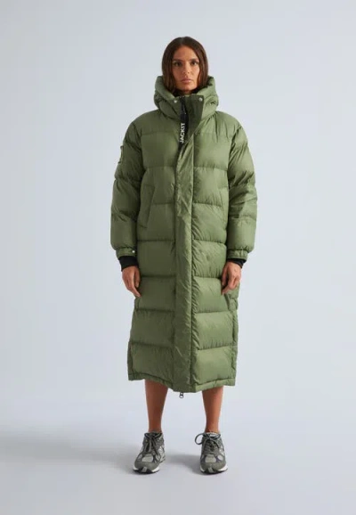 Jack1t Longline Midi Puffer Coat In Muted Olive