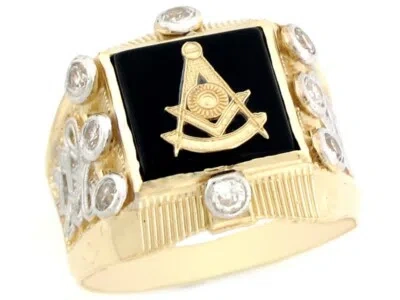 Pre-owned Jackani 10k Or 14k 2 Tone Real Gold Past Master Freemason Masonic Cz Onyx Mens Ring In Black