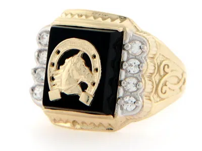 Pre-owned Jackani 10k Or 14k Gold 12 X 10mm Onyx Horseshoe Cz Polished Mens Ring In Black