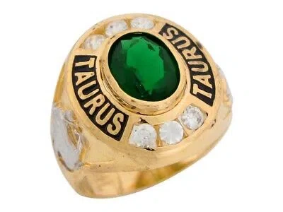 Pre-owned Jackani 10k Or 14k Gold Simulated Emerald Cz May Birthstone Taurus Zodiac Mens Ring In Green