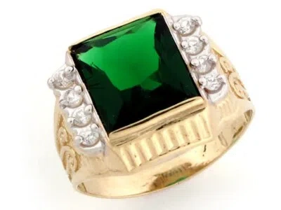 Pre-owned Jackani 10k Or 14k Gold Simulated Emerald May Birthstone Cz Mens Ring In Green