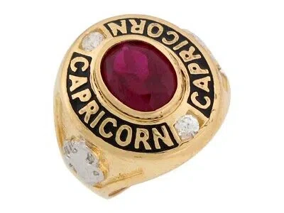 Pre-owned Jackani 10k Or 14k Gold Simulated Garnet Cz Large Capricorn Birthstone Mens Ring In Red