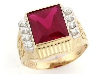 Pre-owned Jackani 10k Or 14k Gold Simulated Ruby July Birthstone Cz Mens Ring In Red
