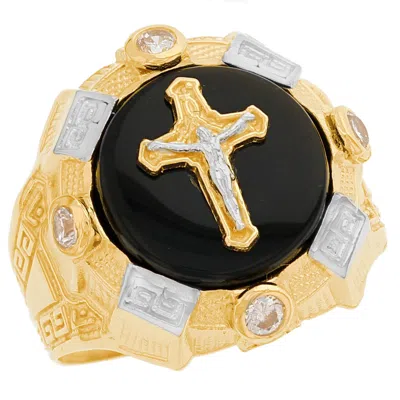 Pre-owned Jackani 10k Or 14k Gold Two-tone Mens Onyx Crucifix Cross Jesus Ring In Black