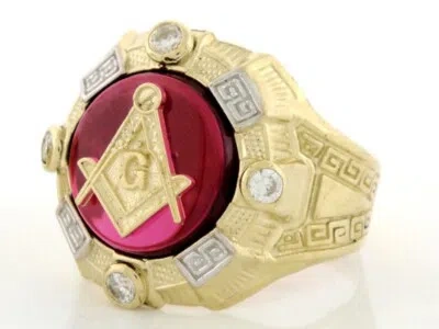 Pre-owned Jackani 10k Or 14k Gold Two-tone Mens Simulated Ruby Masonic Cz Ring In Red