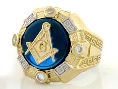 Pre-owned Jackani 10k Or 14k Gold Two-tone Mens Simulated Sapphire Masonic Ring In Blue