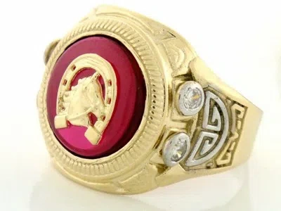 Pre-owned Jackani 10k Or 14k Gold Two-tone Ruby Red Stone Horseshoe Cz Mens Ring