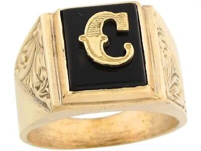 Pre-owned Jackani 10k Or 14k Real Gold 12x10mm Rectangle Onyx Letter C Fancy Mens Initial Ring In Black