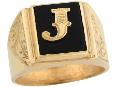 Pre-owned Jackani 10k Or 14k Real Gold 12x10mm Rectangle Onyx Letter J Fancy Mens Initial Ring In Black