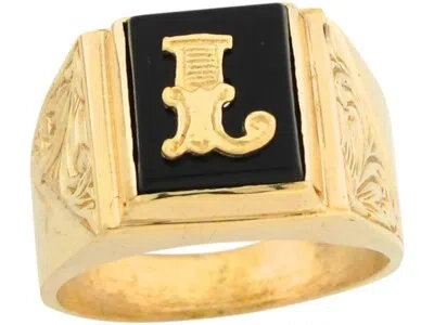 Pre-owned Jackani 10k Or 14k Real Gold 12x10mm Rectangle Onyx Letter L Fancy Mens Initial Ring In Black