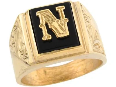 Pre-owned Jackani 10k Or 14k Real Gold 12x10mm Rectangle Onyx Letter N Fancy Mens Initial Ring In Black