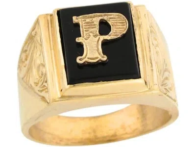 Pre-owned Jackani 10k Or 14k Real Gold 12x10mm Rectangle Onyx Letter P Fancy Mens Initial Ring In Black