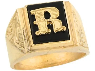 Pre-owned Jackani 10k Or 14k Real Gold 12x10mm Rectangle Onyx Letter R Fancy Mens Initial Ring In Black