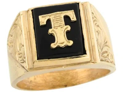 Pre-owned Jackani 10k Or 14k Real Gold 12x10mm Rectangle Onyx Letter T Fancy Mens Initial Ring In Black