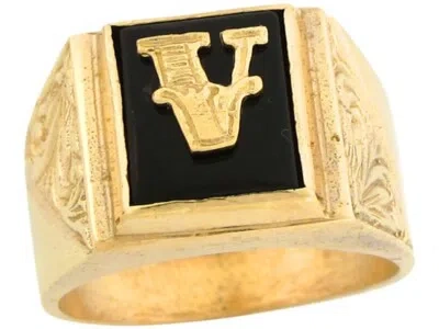 Pre-owned Jackani 10k Or 14k Real Gold 12x10mm Rectangle Onyx Letter V Fancy Mens Initial Ring In Black