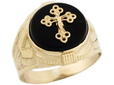 Pre-owned Jackani 10k Or 14k Real Gold 14mm Round Onyx Crucifix Cross Jesus Religious Mens Ring In Black