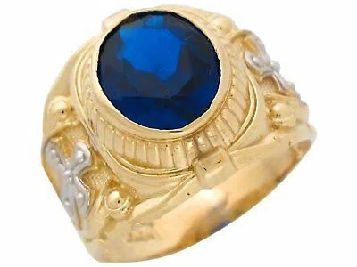 Pre-owned Jackani 10k Or 14k Real Gold Mens Simulated Sapphire September Birthstone Religious Ring In Blue