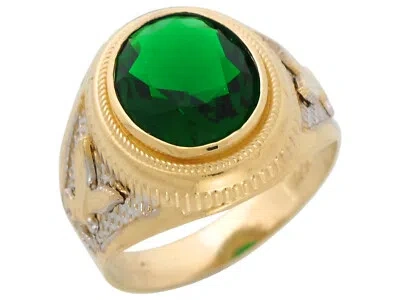 Pre-owned Jackani 10k Or 14k Real Gold Simulated Emerald May Birthstone Eagle Patriotic Mens Ring In Green
