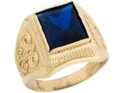 Pre-owned Jackani 10k Or 14k Real Gold Simulated Sapphire September Birthstone Mens Ring In Blue
