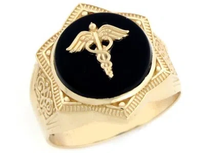 Pre-owned Jackani 10k Or 14k Real Gold Star Of David Caduceus Doctor Staff Onyx Mens Ring In Black