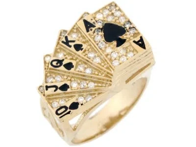 Pre-owned Jackani 10k Or 14k Real Solid Gold Cz Royal Flush Poker Card Enamel Lucky Mens Ring In White
