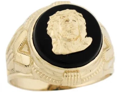 Pre-owned Jackani 10k Or 14k Real Yellow Gold 14mm Round Onyx Jesus Head Religious Mens Ring In Black