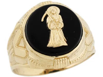 Pre-owned Jackani 10k Or 14k Real Yellow Gold 14mm Round Onyx Religious Santa Muerte Mens Ring In Black