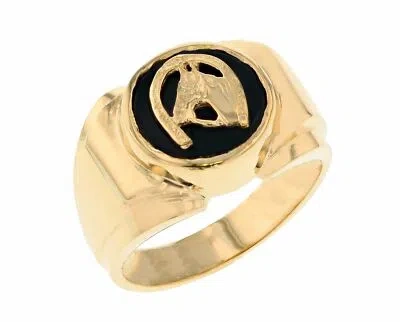 Pre-owned Jackani 10k Or 14k Real Yellow Gold Onyx Set Lucky Horseshoe Mens Classy Ring In Black
