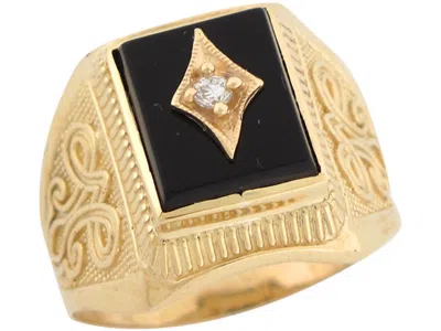 Pre-owned Jackani 10k Or 14k Real Yellow Gold White Cz Rectangle Onyx Modern Mens Ring