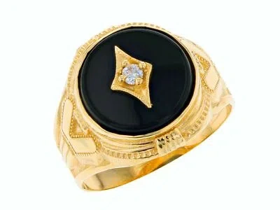 Pre-owned Jackani 10k Or 14k Real Yellow Gold White Cz Round Onyx Handsome Mens Ring