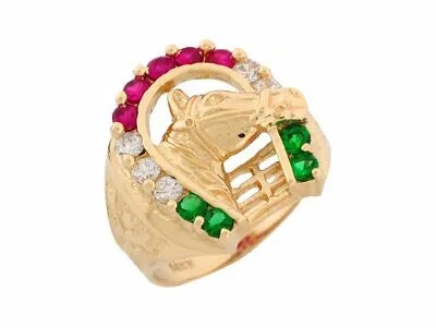 Pre-owned Jackani 10k Or 14k Real Yellow Gold White Green And Red Cz Lucky Horseshoe Mens Ring