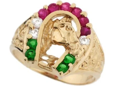 Pre-owned Jackani 10k Or 14k Solid Gold Pretty Horse Horseshoe Red White And Green Cz Mens Ring