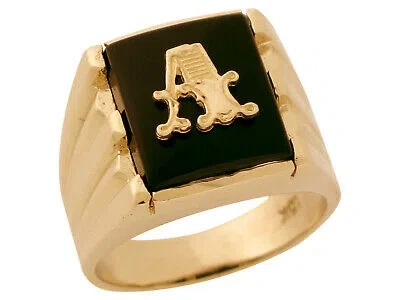 Pre-owned Jackani 10k Or 14k Solid Gold Rectangle Onyx Letter A Modern Mens Initial Statement Ring In Black