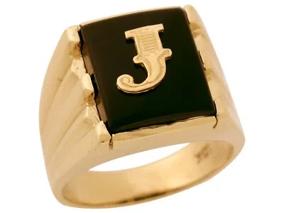 Pre-owned Jackani 10k Or 14k Solid Gold Rectangle Onyx Letter J Modern Mens Initial Statement Ring In Black