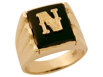 Pre-owned Jackani 10k Or 14k Solid Gold Rectangle Onyx Letter N Modern Mens Initial Statement Ring In Black
