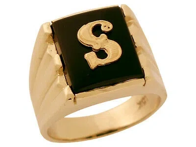 Pre-owned Jackani 10k Or 14k Solid Gold Rectangle Onyx Letter S Modern Mens Initial Statement Ring In Black