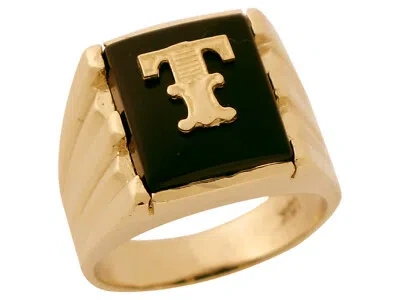 Pre-owned Jackani 10k Or 14k Solid Gold Rectangle Onyx Letter T Modern Mens Initial Statement Ring In Black