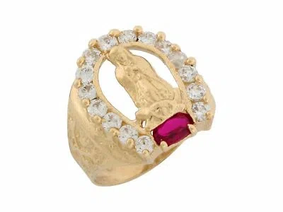 Pre-owned Jackani 10k Or 14k Solid Gold Simulated Ruby White Cz Lady Guadalupe Religious Mens Ring