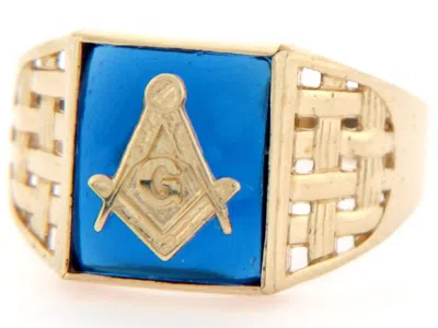 Pre-owned Jackani 10k Or 14k Solid Gold Simulated Sapphire Masonic Mens Ring In Blue