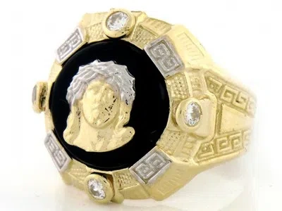 Pre-owned Jackani 10k Or 14k Solid Gold Two-tone Mens Onyx Jesus Head Cz Ring In Black